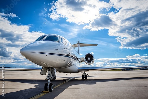 Private Jet on Runway with Bright Blue Sky and Clouds