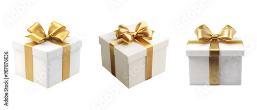 PNG cutout of three large and small anniversary white gift box with gold ribbon surprise presents. Isolated on a transparent background. Generative AI