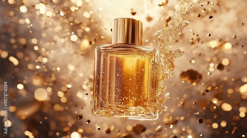 An essence cosmetics bottle floating in the air, with gold and brown background.