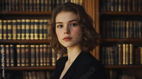 Young Woman with Short Curly Hair Looking at Camera in Front of Bookshelf