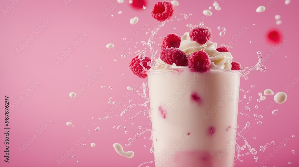 Close-up of a raspberry topped milkshake with droplets splashing on a pink background, perfect for vibrant visuals drinks Close-up of a raspberry topped milkshake with droplets splashing on a pink background, perfect for vibrant visuals drinks