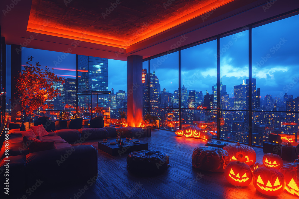 Φωτογραφία A sleek urban rooftop Halloween party with panoramic city views, futuristic decor, and eerie, ambient music