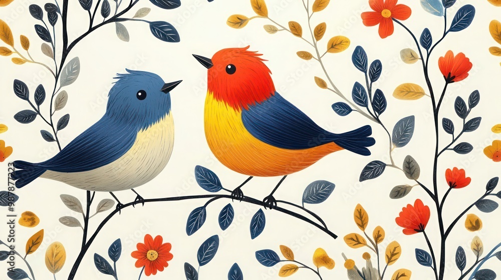Brightly colored traditional Gond folk art from India of birds in a tree. Colorful Gond folk art from India birds. Brightly colored traditional Gond folk art from India of birds in a tree. Colorful Gond folk art from India birds.