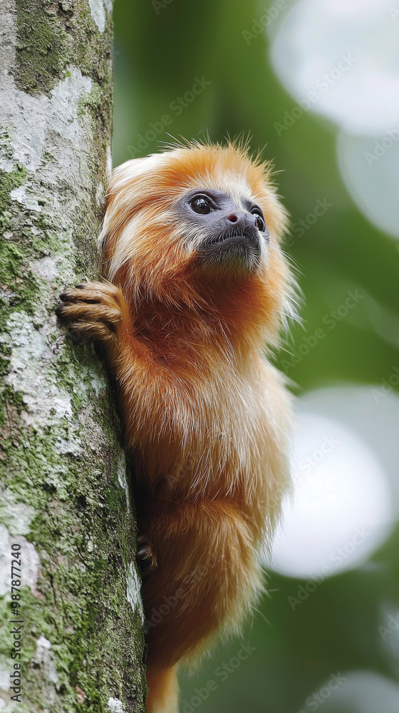 A golden-haired monkey clings to a tree trunk, its bright eyes looking upwards. A golden-haired monkey clings to a tree trunk, its bright eyes looking upwards.