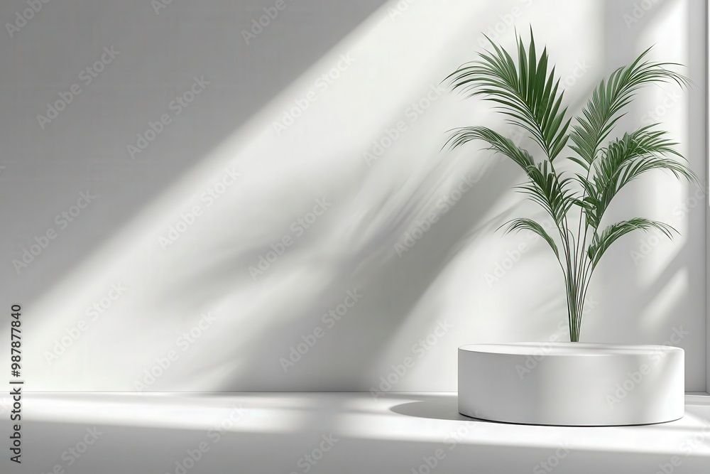 A white wall with a plant on a shelf, generative ai image A white wall with a plant on a shelf, generative ai image