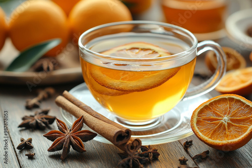 A warm cup of tea with orange slices, cinnamon sticks, and star anise creates cozy atmosphere. vibrant colors and aromatic spices evoke sense of comfort and relaxation