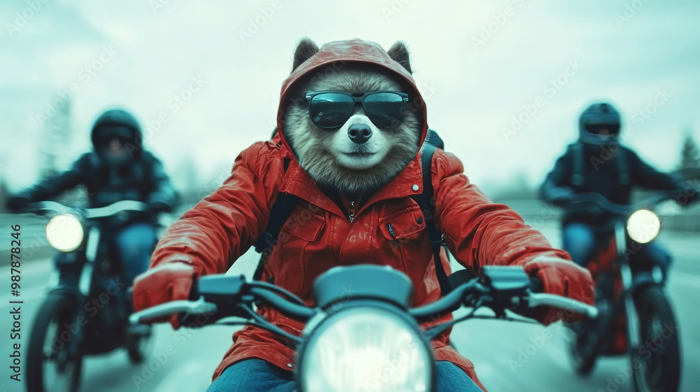 A raccoon in a red jacket and sunglasses rides a motorcycle with two other bikers. A raccoon in a red jacket and sunglasses rides a motorcycle with two other bikers.