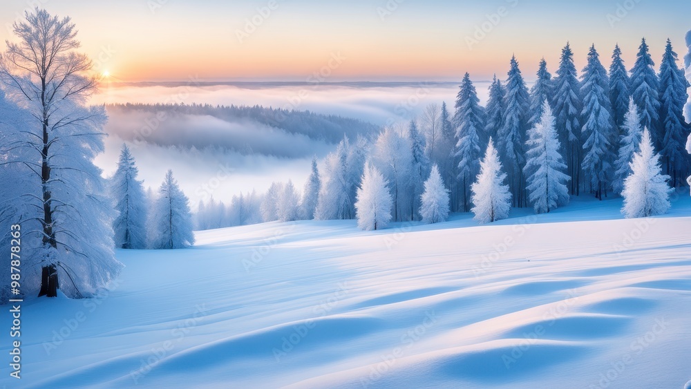 A serene winter landscape with snow-covered trees and a rising sun over a foggy valley. A serene winter landscape with snow-covered trees and a rising sun over a foggy valley.