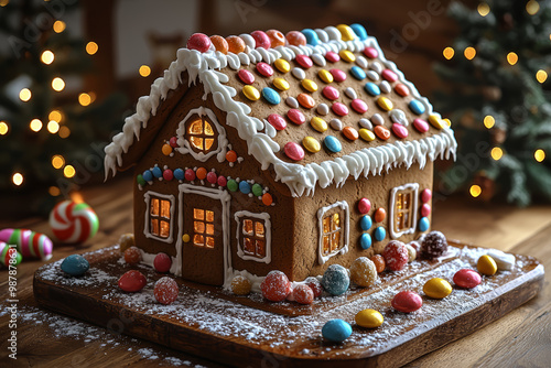 A gingerbread house decorated with colorful candies and icing. Concept of holiday baking traditions.