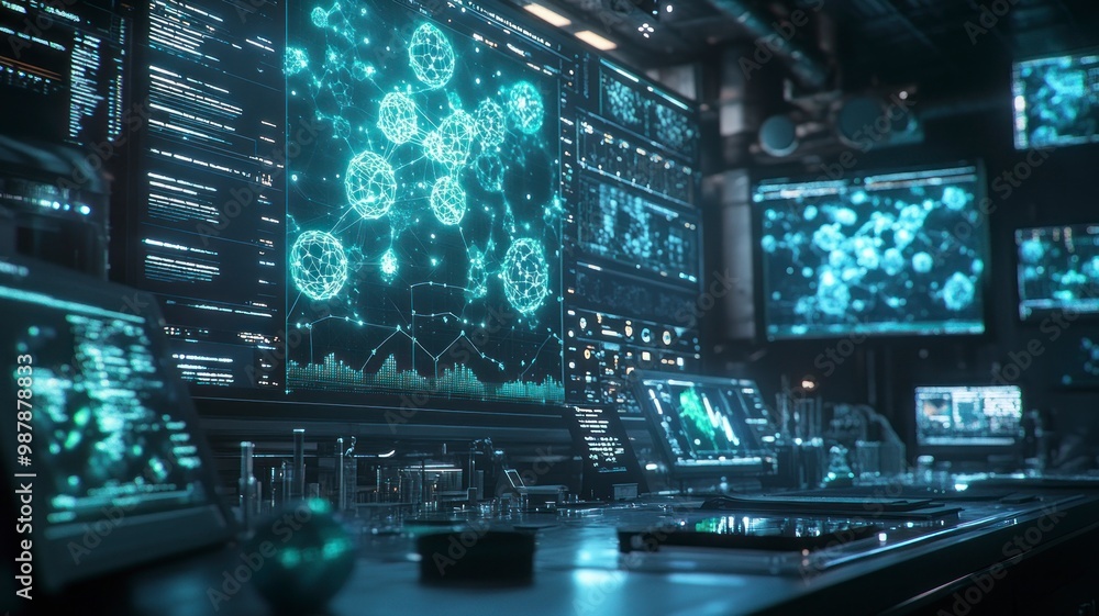 Complex molecules displayed on multiple screens in a dark, high-tech lab, with blue and green lines highlighting molecular connections and interactions. Complex molecules displayed on multiple screens in a dark, high-tech lab, with blue and green lines highlighting molecular connections and interactions.