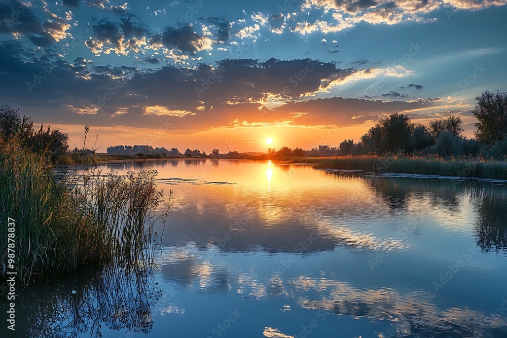 Peaceful sunset reflected on a calm lake with a beautiful sky and reeds Peaceful sunset reflected on a calm lake with a beautiful sky and reeds