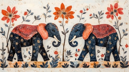 Traditional Gond art from India of elephants and trees, A Madhubani folk art painting showcasing an elephant against a textured surface.