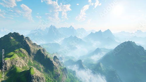 Breathtaking panoramic view of misty mountains and lush valleys under a bright blue sky during the day