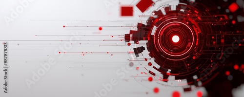 Abstract design featuring red geometric shapes and lines, creating a futuristic technological background perfect for modern visuals.