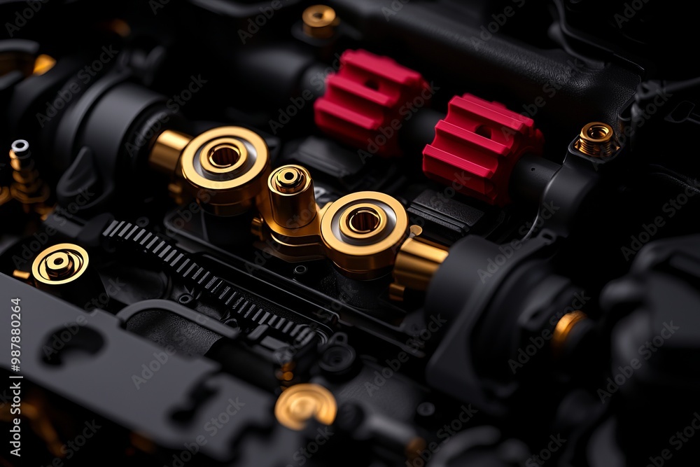 Naklejka premium Detailed close-up of a precision-engineered automotive engine component showcasing gold and red elements, emphasizing craftsmanship.