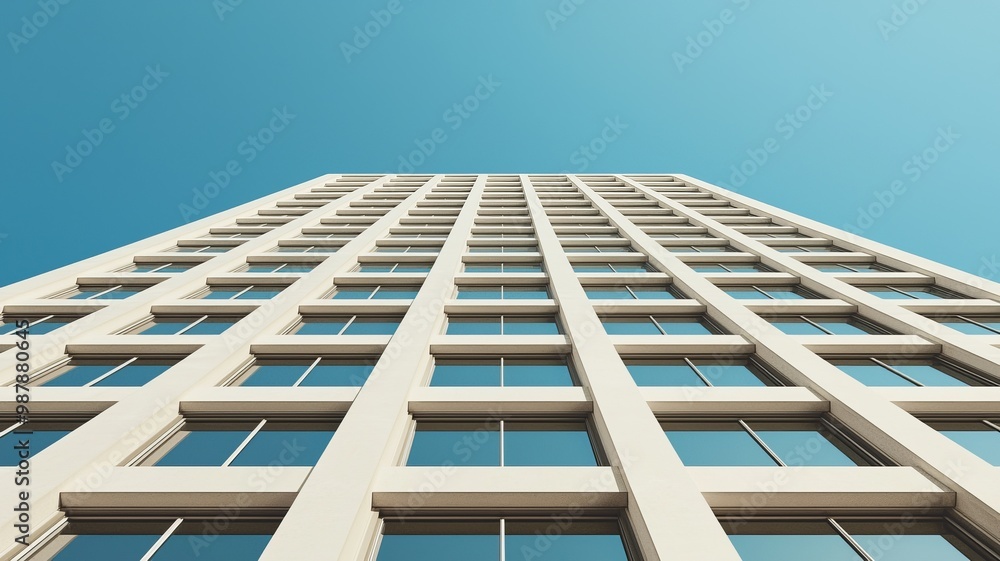 Modern building facade viewed from below, showcasing a clear blue sky and architectural details in a vibrant urban setting. Modern building facade viewed from below, showcasing a clear blue sky and architectural details in a vibrant urban setting.