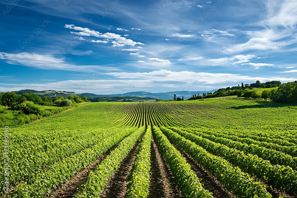 Vineyard landscape with rows of grapevines under a blue sky and white clouds. Organic agriculture, wine production, rural landscape. Vineyard landscape with rows of grapevines under a blue sky and white clouds. Organic agriculture, wine production, rural landscape.