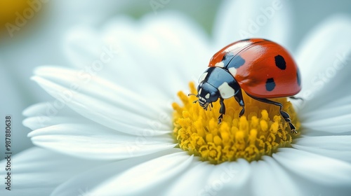 White chamomile on white background, and a little ladybug sits on the white petals.