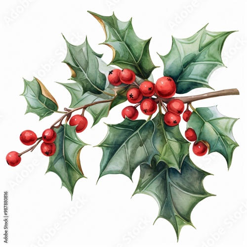 Watercolor painting of a holly branch with red berries and green leaves. photo