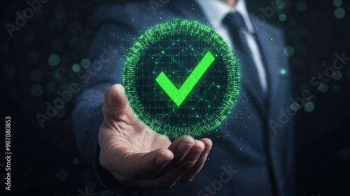 Green check mark for compliance, certification or audit concept with a business man holding a digital hologram of green compliance tick symbol