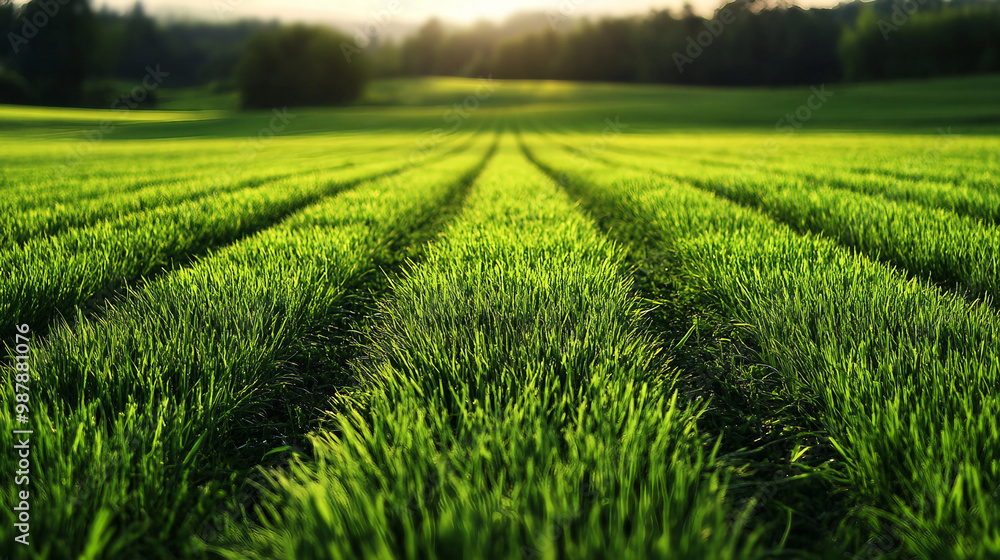 Fototapeta premium A lush rice paddy field with neat, under a bright, sunny sky, green rows stretching into the horizon. 