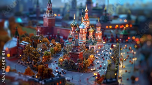 Miniature Model of Red Square and St. Basil's Cathedral in Moscow at Dusk