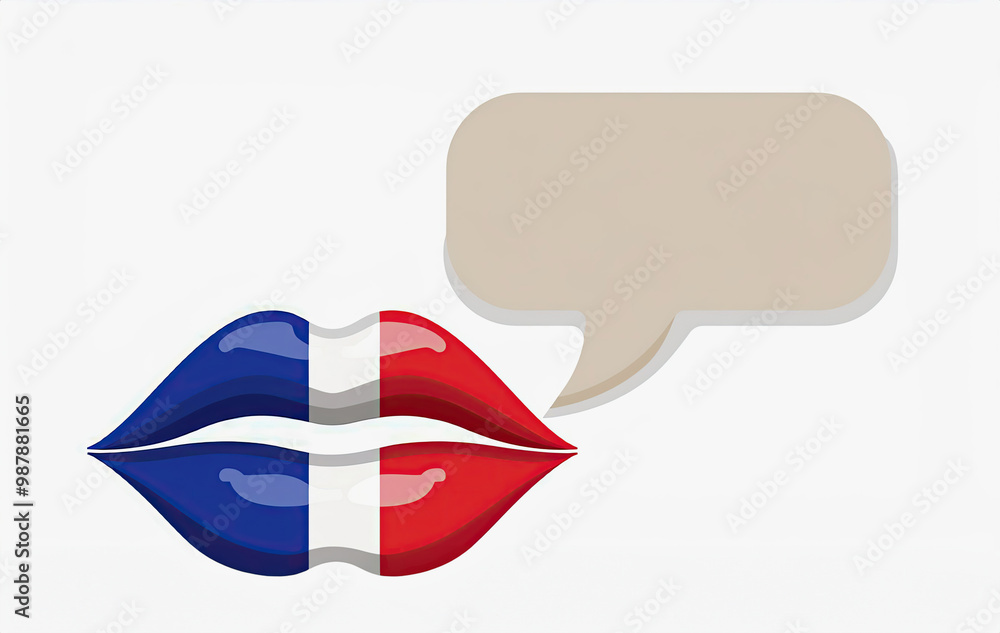 illustration featuring a white background. stylized representation of a pair of lips, colors the flag of the France. Below the speech bubble illustration featuring a white background. stylized representation of a pair of lips, colors the flag of the France. Below the speech bubble