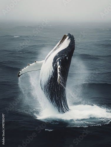 Stunning shot of a humpback whale breaching out of the ocean, capturing the majestic moment in midair with water splashing around, set against a dramatic sky and sea background