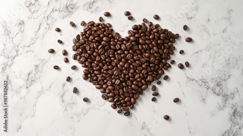 Heart Shape Made from Coffee Beans on White Marble Surface