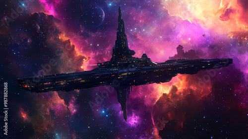 Fototapeta Naklejka Na Ścianę i Meble -  A grand space station orbiting a colorful nebula, serving as the headquarters for the galactic federation. Galactic Federation. Illustration