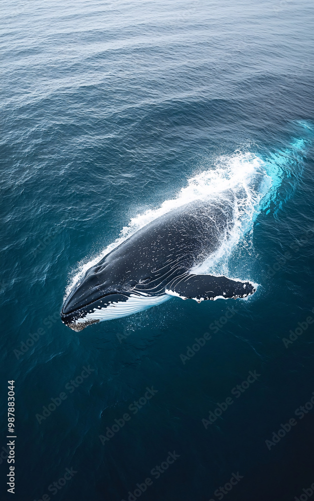 Naklejka premium Stunning shot of a humpback whale breaching out of the ocean, capturing the majestic moment in midair with water splashing around, set against a dramatic sky and sea background