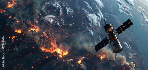 Fototapeta Naklejka Na Ścianę i Meble -  A satellite orbits above a planet, capturing the intensity of volcanic eruptions and fires on the surface below.