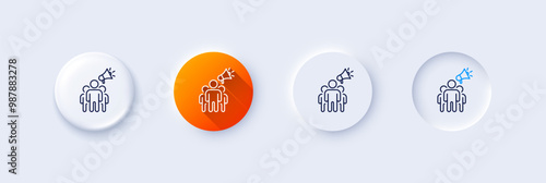 Brand ambassador line icon. Neumorphic, Orange gradient, 3d pin buttons. Holding megaphone sign. Advertisement device symbol. Line icons. Neumorphic buttons with outline signs. Vector