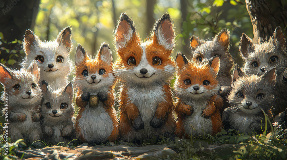 A group of adorable foxes looking at the camera in a forest setting. A group of adorable foxes looking at the camera in a forest setting.