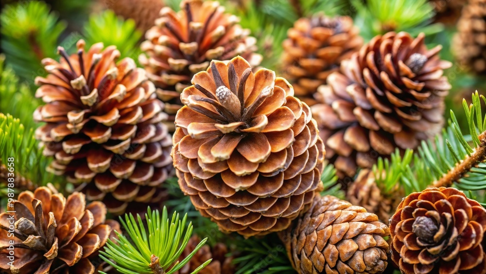 Fototapeta premium Close-up of pine cones nestled among green pine needles