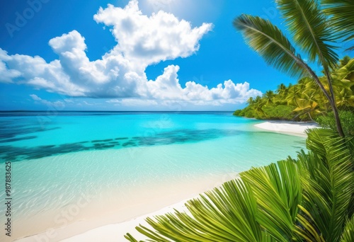 vibrant coastlines featuring lush palm soft fine crystal clear waters under bright blue skies, beach, ocean, wave, sand, tropical, paradise, summer