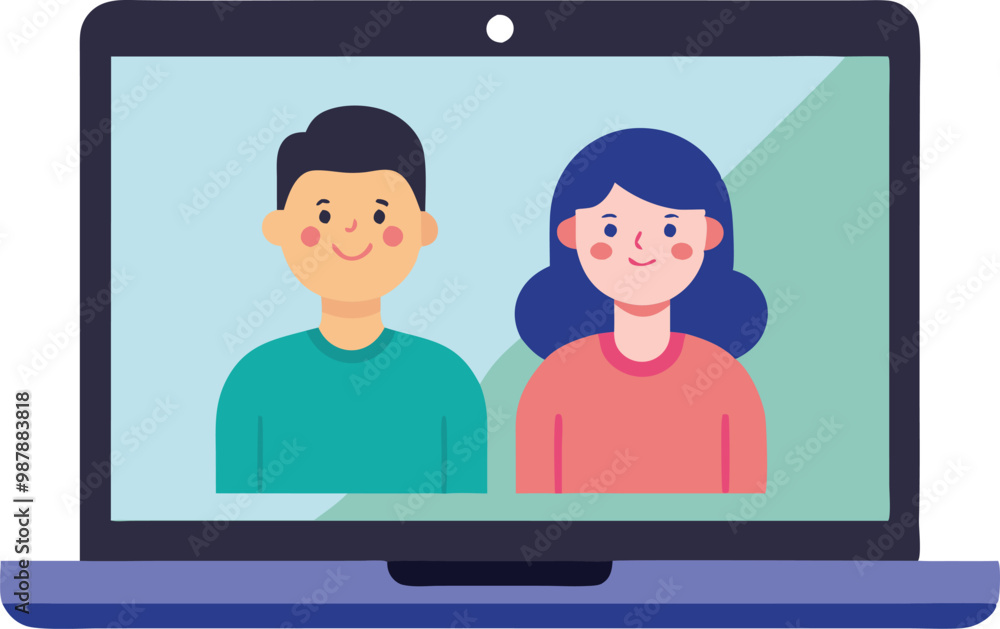 Cartoon couple smiling on laptop screen during video call, simple flatstyle illustration Cartoon couple smiling on laptop screen during video call, simple flatstyle illustration