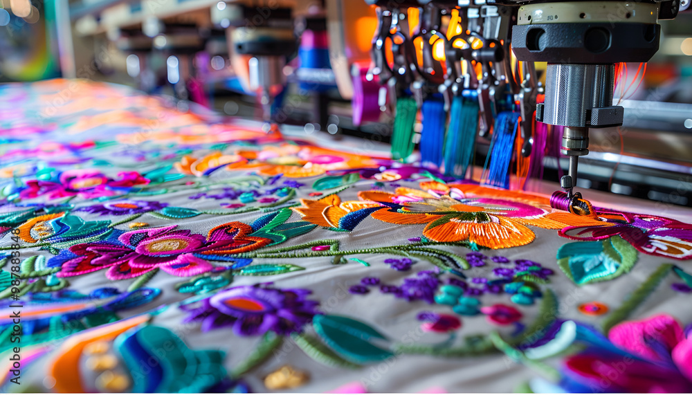 Fototapeta premium An embroidery machine working on a colorful floral fabric, showcasing advanced embroidery techniques and fabric printing technology