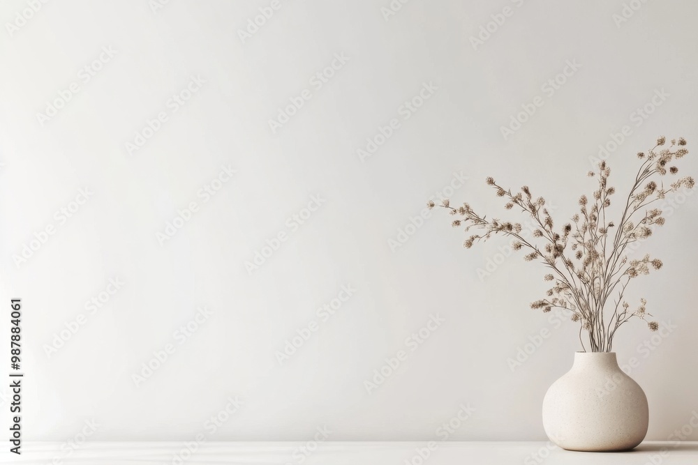 Minimalistic background with space for text featuring ceramic vase and dried flowers Minimalistic background with space for text featuring ceramic vase and dried flowers