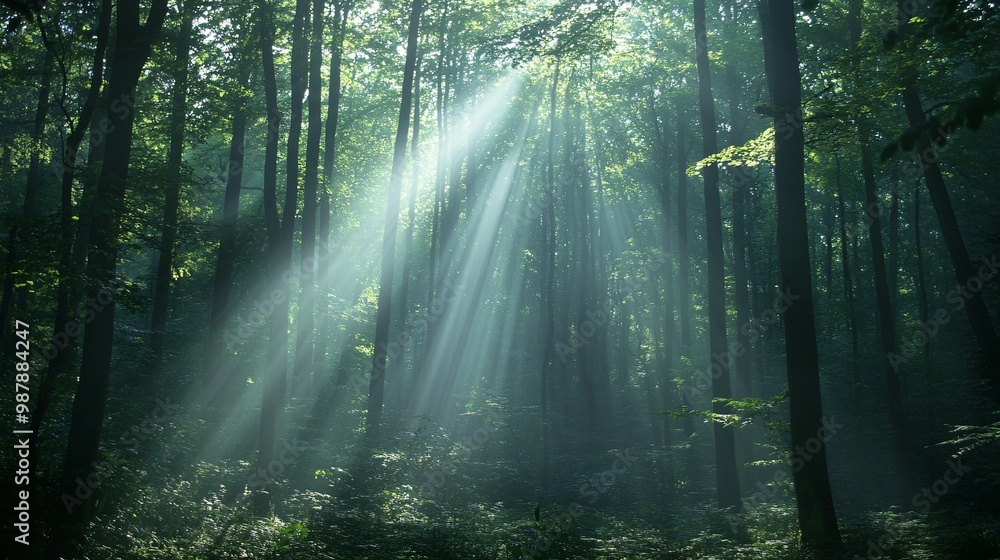 Fototapeta premium Sunlight Beams Through Misty Forest