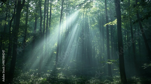 Sunlight Beams Through Misty Forest