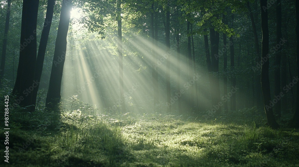 Obraz premium Sunbeams Illuminating a Misty Forest