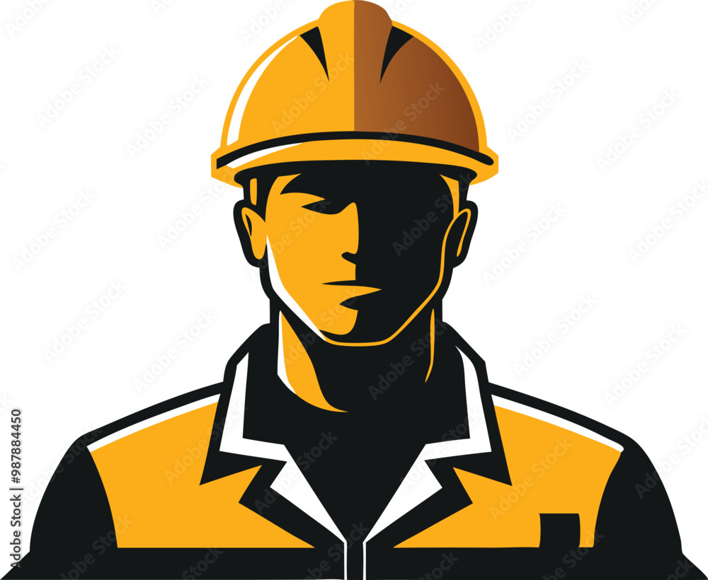 Illustration of construction worker wearing a hard hat and safety vest, vector flat design