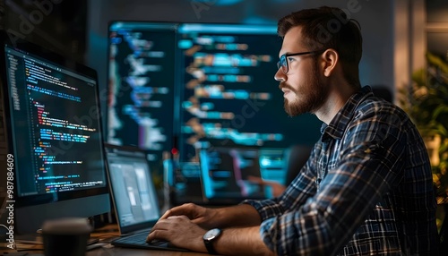 Focused programmer working late at night on coding, surrounded by multiple monitors displaying lines of code.