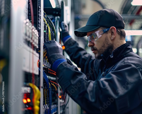 Focused technician working on electrical equipment in a modern control room, ensuring optimal performance and safety practices.