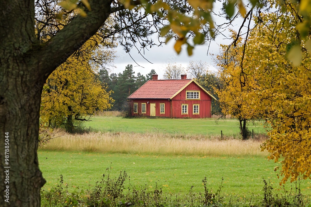 Red House in a Field with Autumn Trees Red House in a Field with Autumn Trees