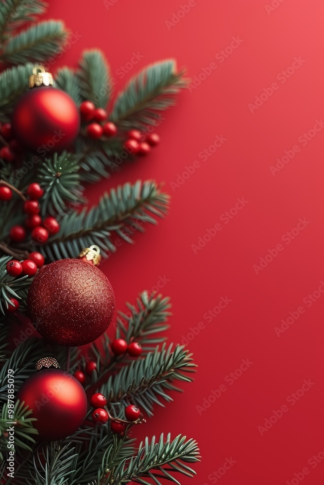 Christmas ornaments with pine branches on red background, copy space Christmas ornaments with pine branches on red background, copy space