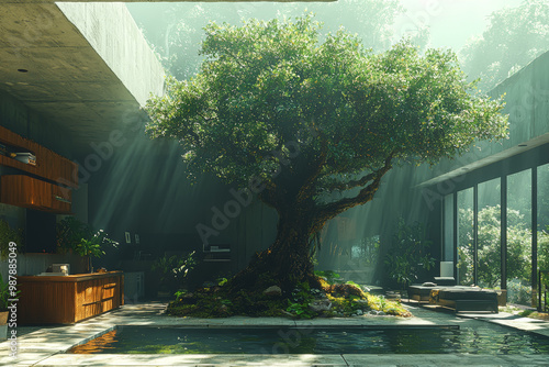 A surreal scene of a tree growing upside down from the ceiling of a modern apartment, symbolizing unconventional beauty and nature's resilience.