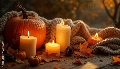 Warm Halloween scene with a pumpkin and tealight candles, capturing autumn's essence.

 photo