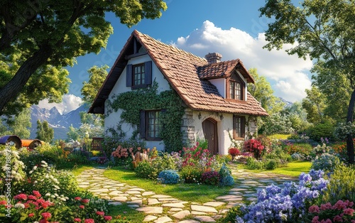 Home. House with green garden